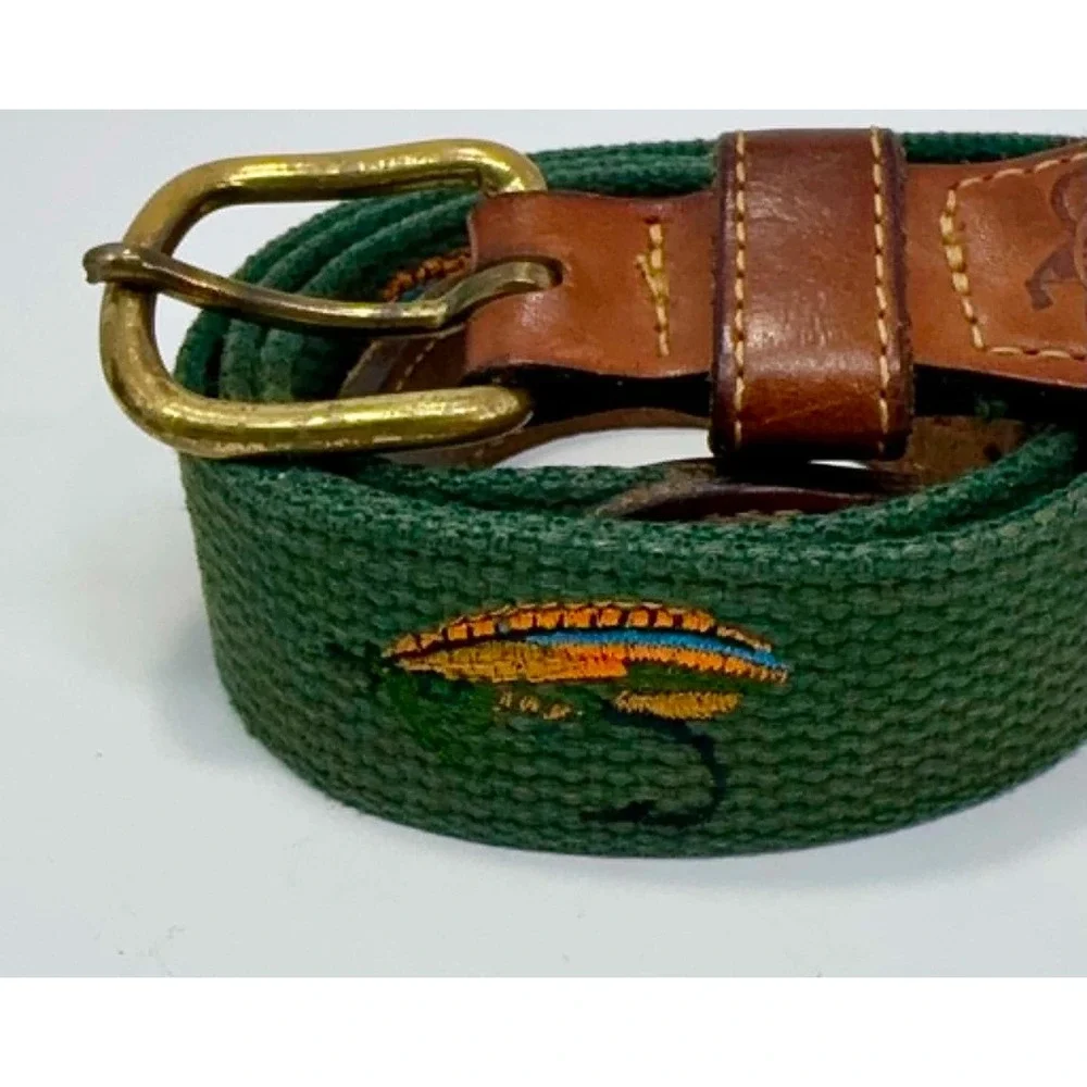 Smathers & Branson Needlepoint Belt Size 40 Green Fishing Lure Leather Canvas